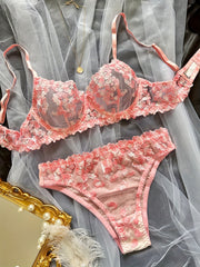 Floral Embroidery Lingerie Set Mesh Bra & Panties