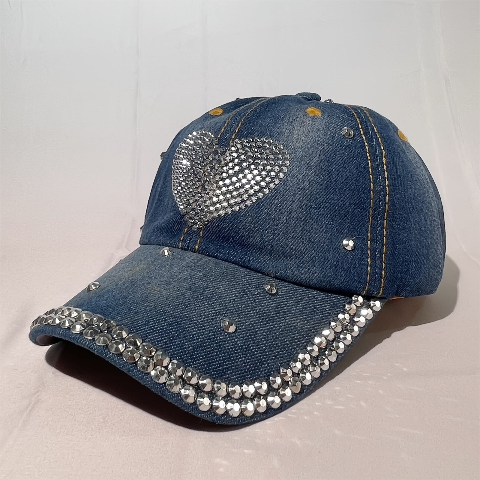 Rhinestone Denim Baseball Cap Studded Bling Heart Hat For Women Girls