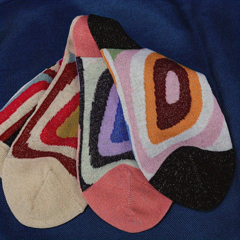 3 Pairs Geometric Pattern Crew Socks Colorblock Mid Tube Women's Stockings
