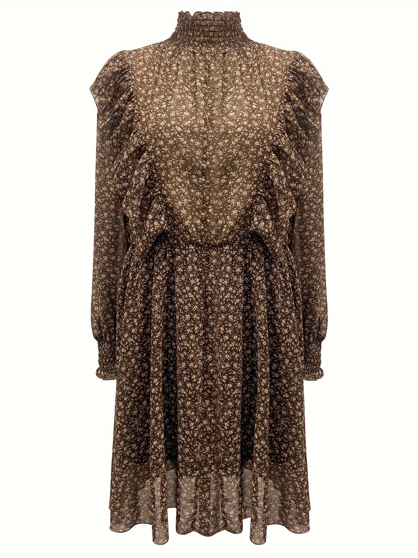 Women's Plus Ditsy Print Lantern Sleeve High Neck Ruffle Trim Dress