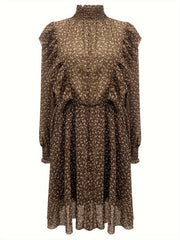 Women's Plus Ditsy Print Lantern Sleeve High Neck Ruffle Trim Dress