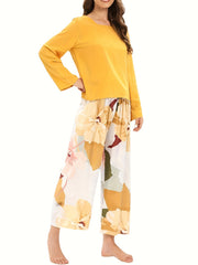 Floral Print Pajama Set Long Sleeve Top & Elastic Waistband Pants