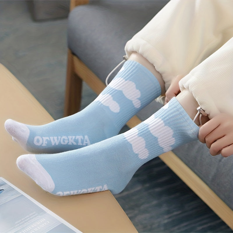 Letter & Cow Spot Print Mid Tube Socks Women's Stockings