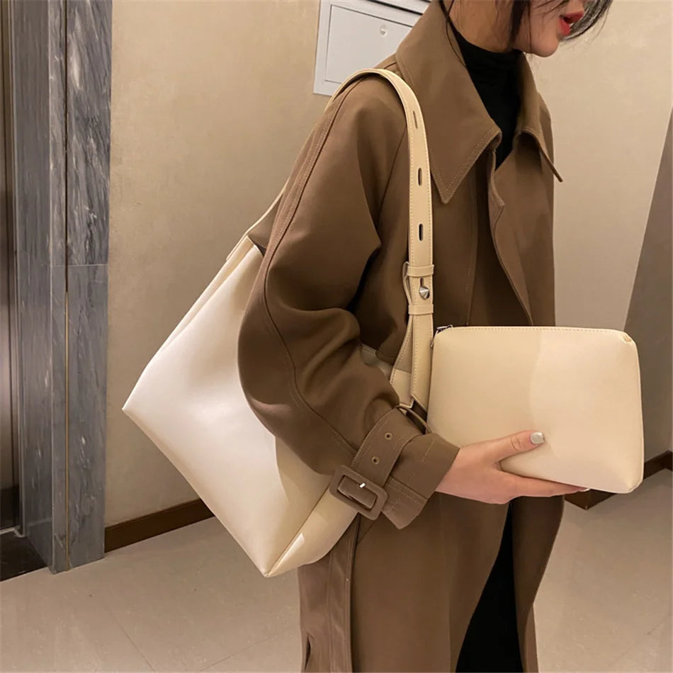 2 Sets Casual Totes Bag PU Leather Shoulder Bags for Women Female Travel Bag