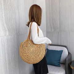Women's Retro Woven Shoulder Bag Floral Handbag Straw Beach Bag