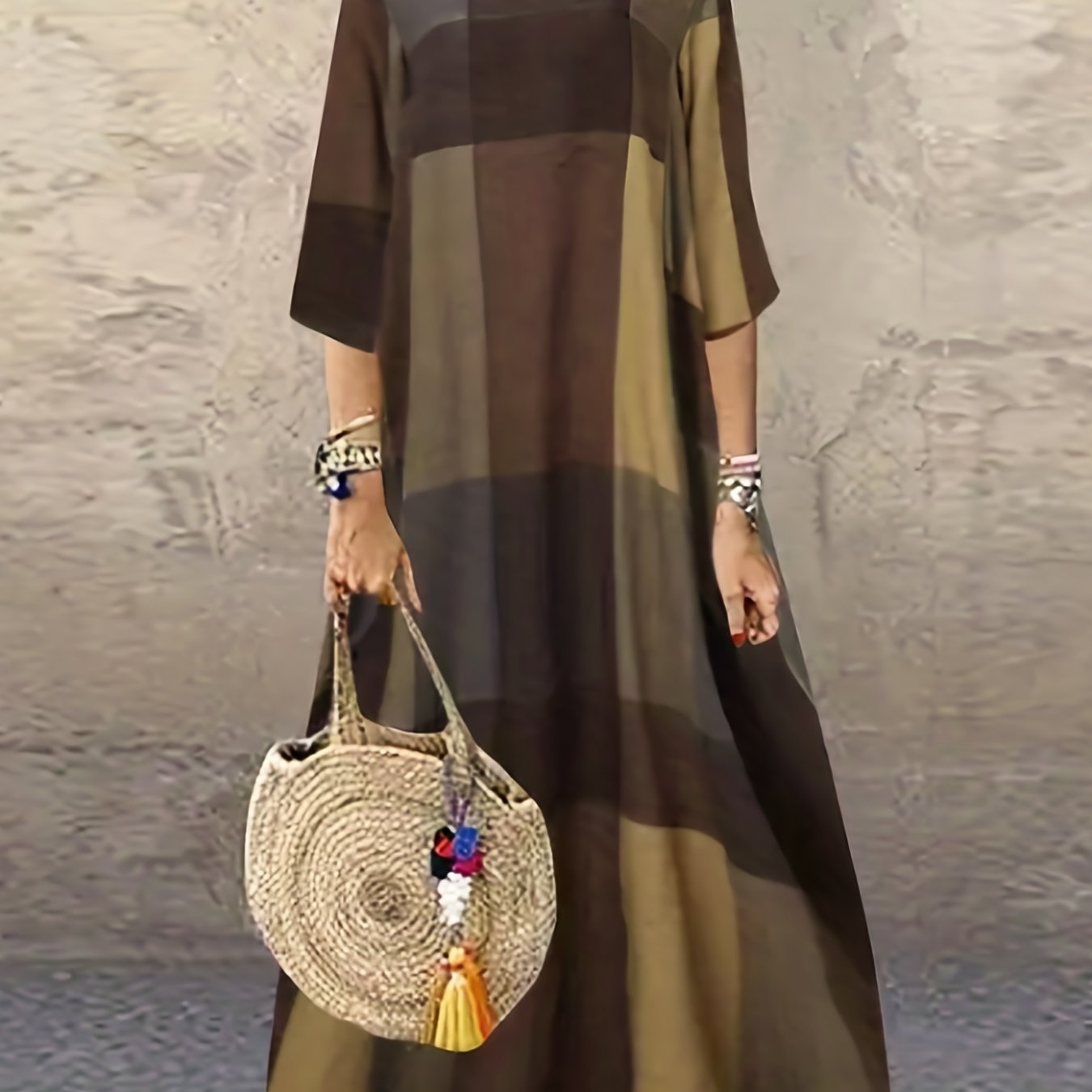  Colorblock Grid Print Half Sleeve Maxi Dress