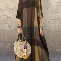  Colorblock Grid Print Half Sleeve Maxi Dress