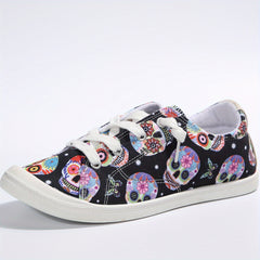 Women's Halloween Skull Canvas Sneakers Low Top Casual Walking Shoes