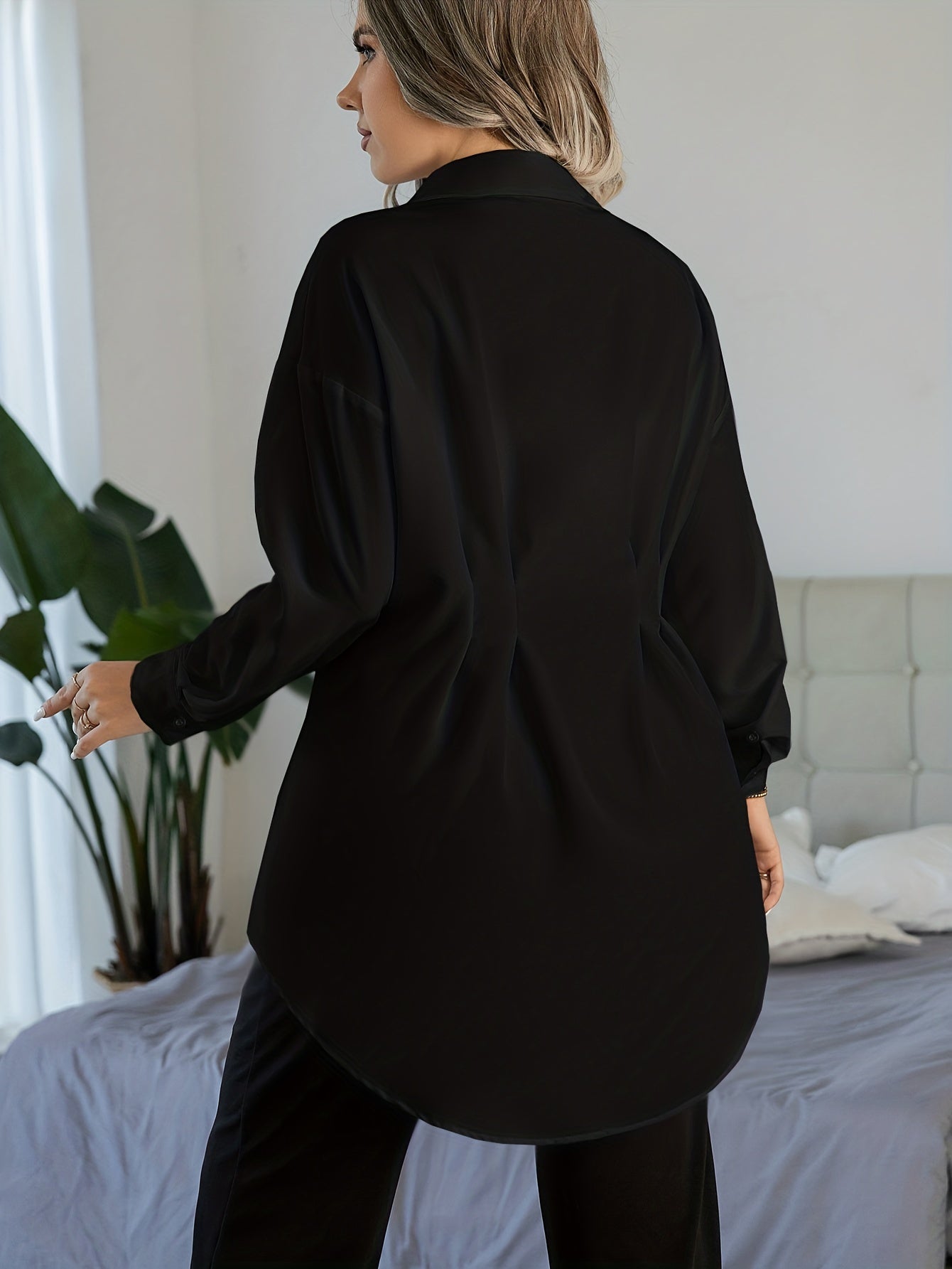  Blouse Solid Lantern Sleeve Button Up Collar