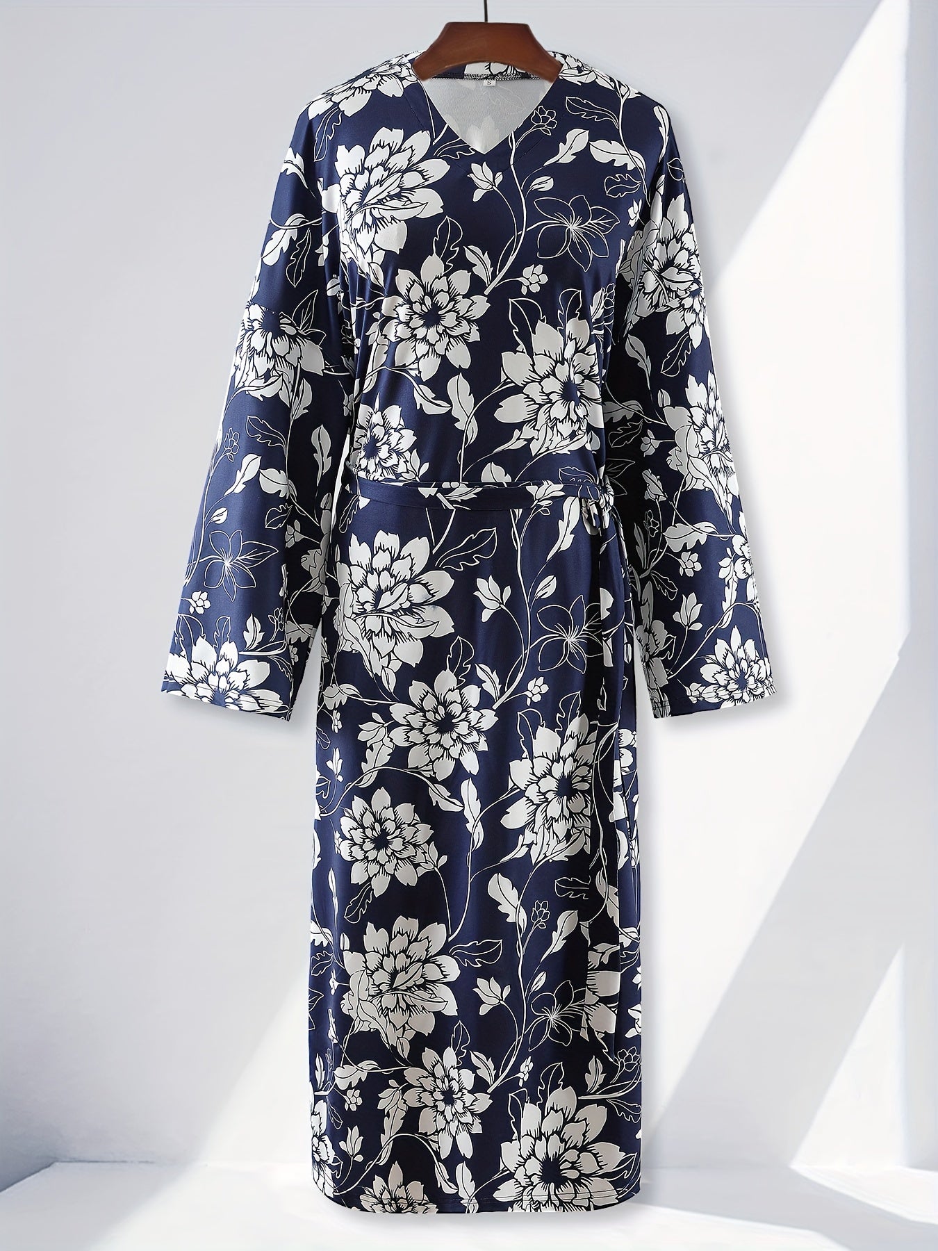 Floral Print Lounge Dress V Neck Long Sleeve Women's Loungewear