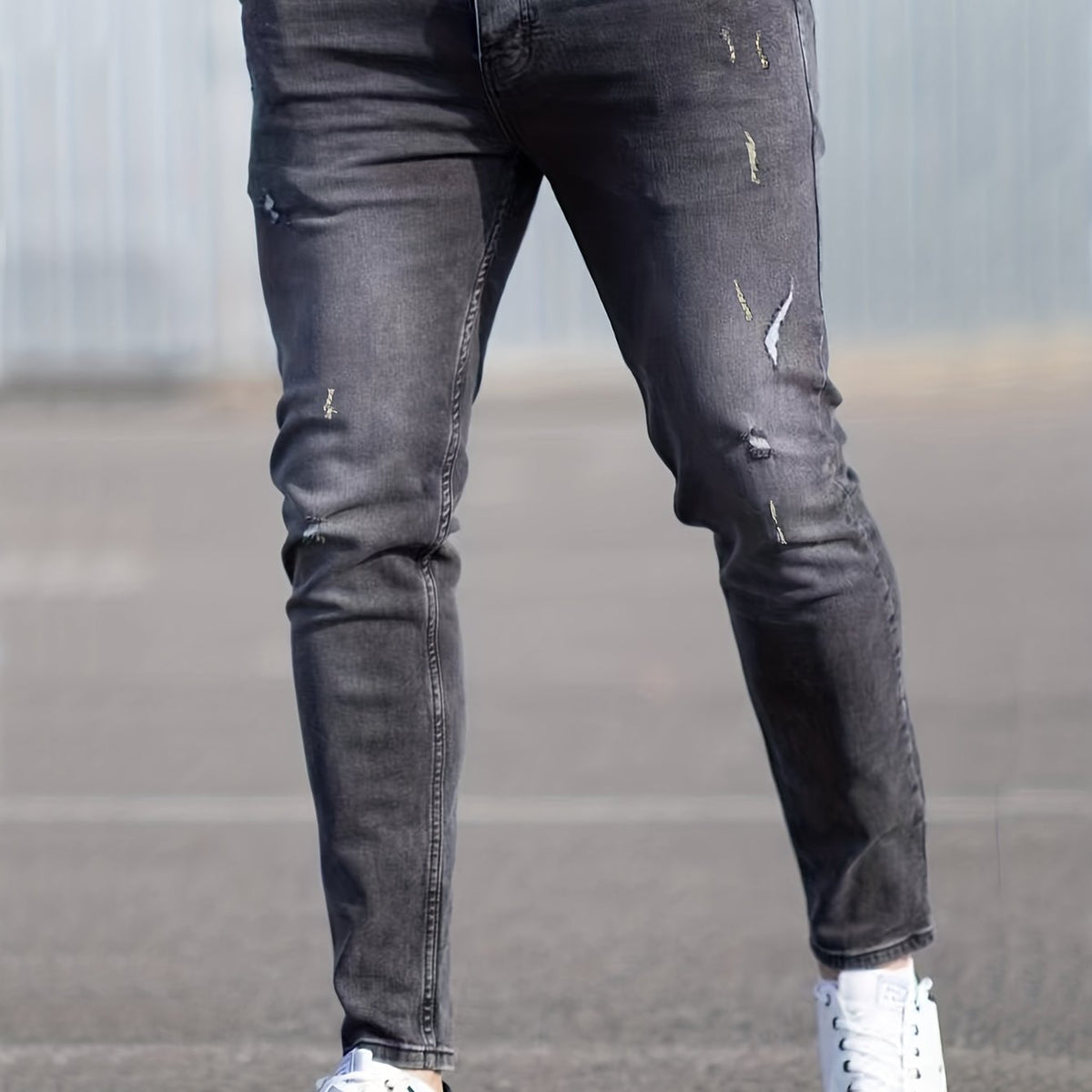 Stretch Denim Pants Men's Slim Fit Distressed Jeans with Pockets