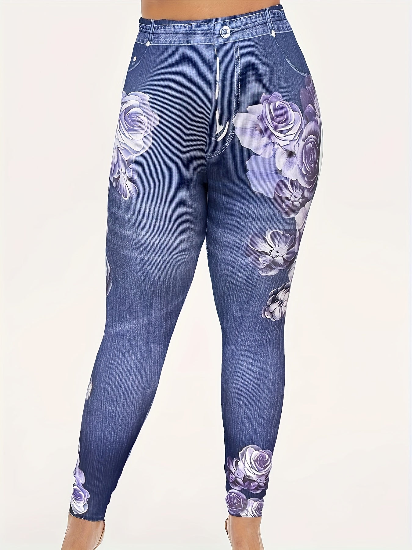  Floral Print Long Sleeve Top & Denim Leggings Set