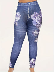  Floral Print Long Sleeve Top & Denim Leggings Set