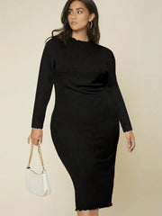  Solid Ribbed Long Sleeve Round Neck Midi Dress