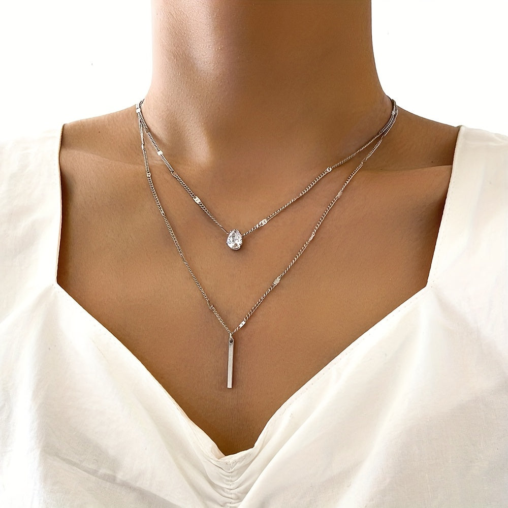 Double Layer Water Drop Shape Rhinestone Tassel Necklace Set