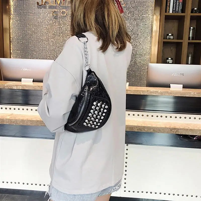 Women's Rhinestone PU Waist Bag Messenger Shoulder Chest