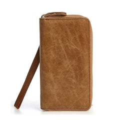 Men Wallet Retro Purse Leather Double Zipper Business Clutch Bag