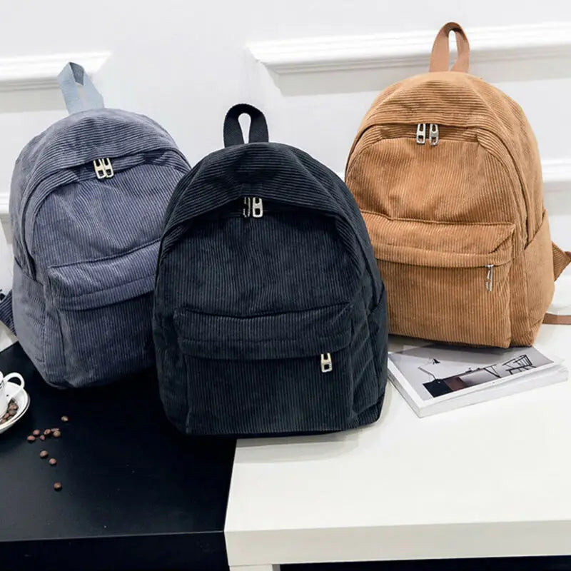 Corduroy Rucksack School Shoulder Bag Solid Backpack