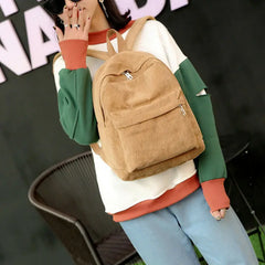 Corduroy Rucksack School Shoulder Bag Solid Backpack
