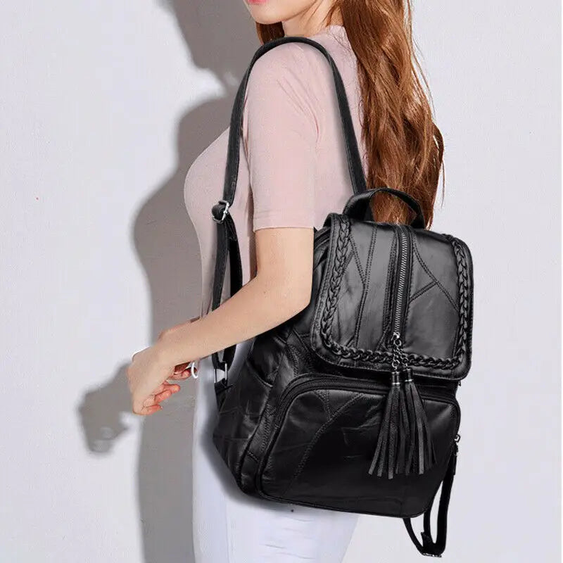 Women Faux Leather Tassle Backpacks Rucksack Shoulder Bag