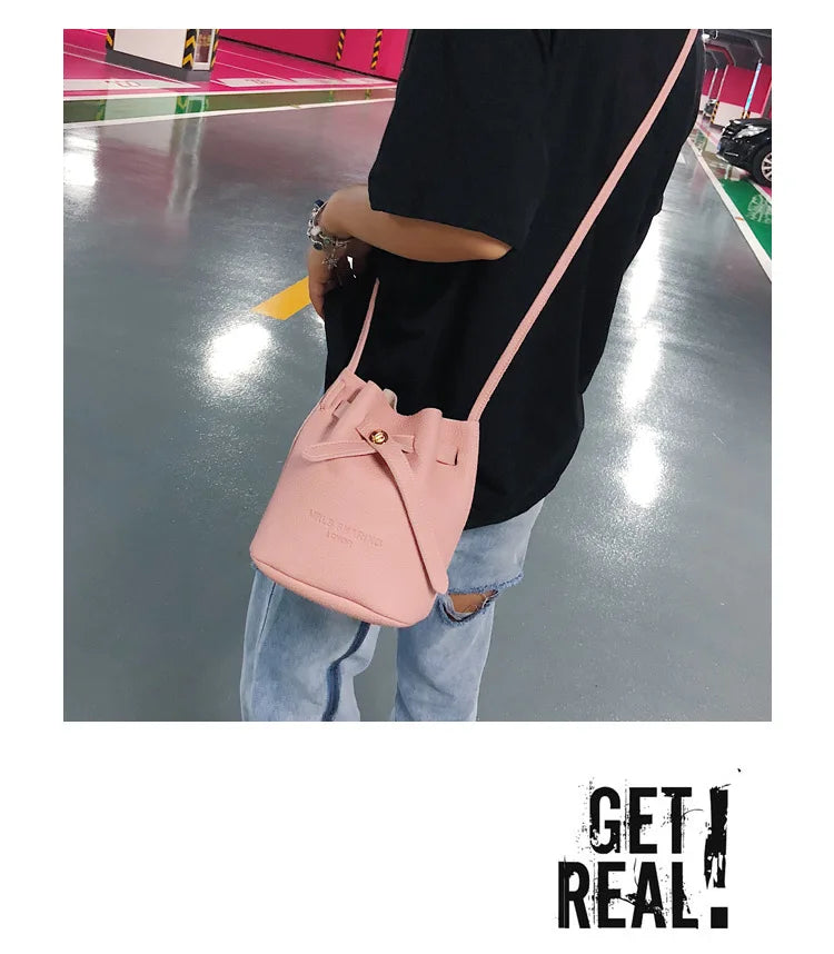 Leather String Handbags Bucket Shoulder Bags Ladies Cross Body Bags