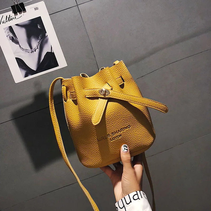 Leather String Handbags Bucket Shoulder Bags Ladies Cross Body Bags