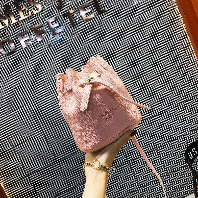 Leather String Handbags Bucket Shoulder Bags Ladies Cross Body Bags