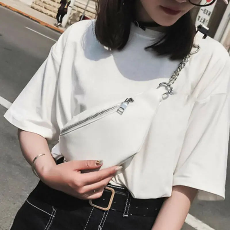 Womens Waist Bag Fanny Pack Solid PU Bag Belt Purse Chains