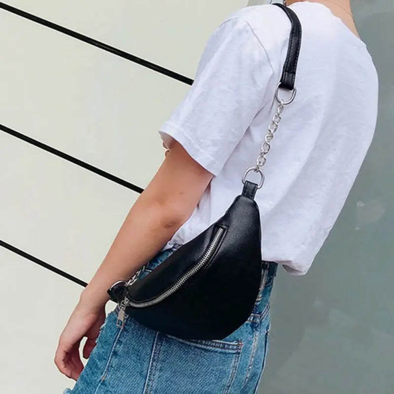Womens Waist Bag Fanny Pack Solid PU Bag Belt Purse Chains