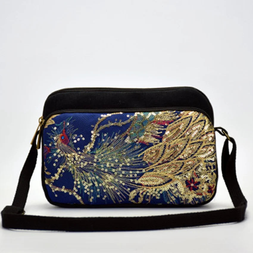 Chinese Peacock Embroidery Canvas Shoulder Bag Set