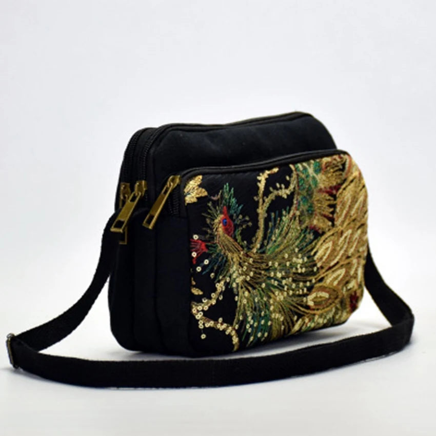 Chinese Peacock Embroidery Canvas Shoulder Bag Set