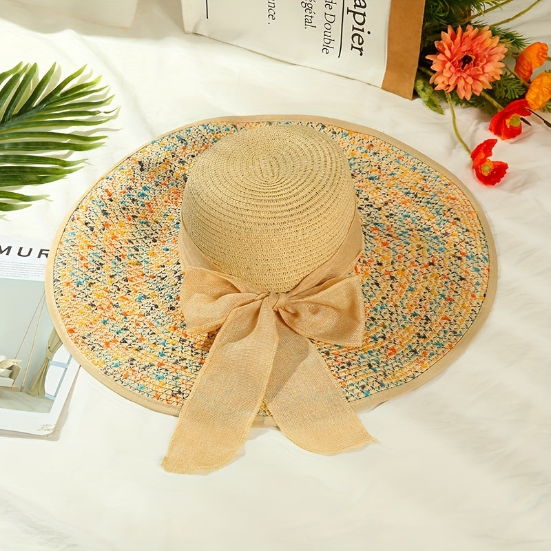 Boho Straw Sun Hat with Ribbon Bowknot for Women