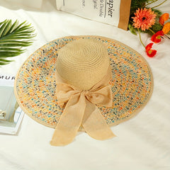 Boho Straw Sun Hat with Ribbon Bowknot for Women