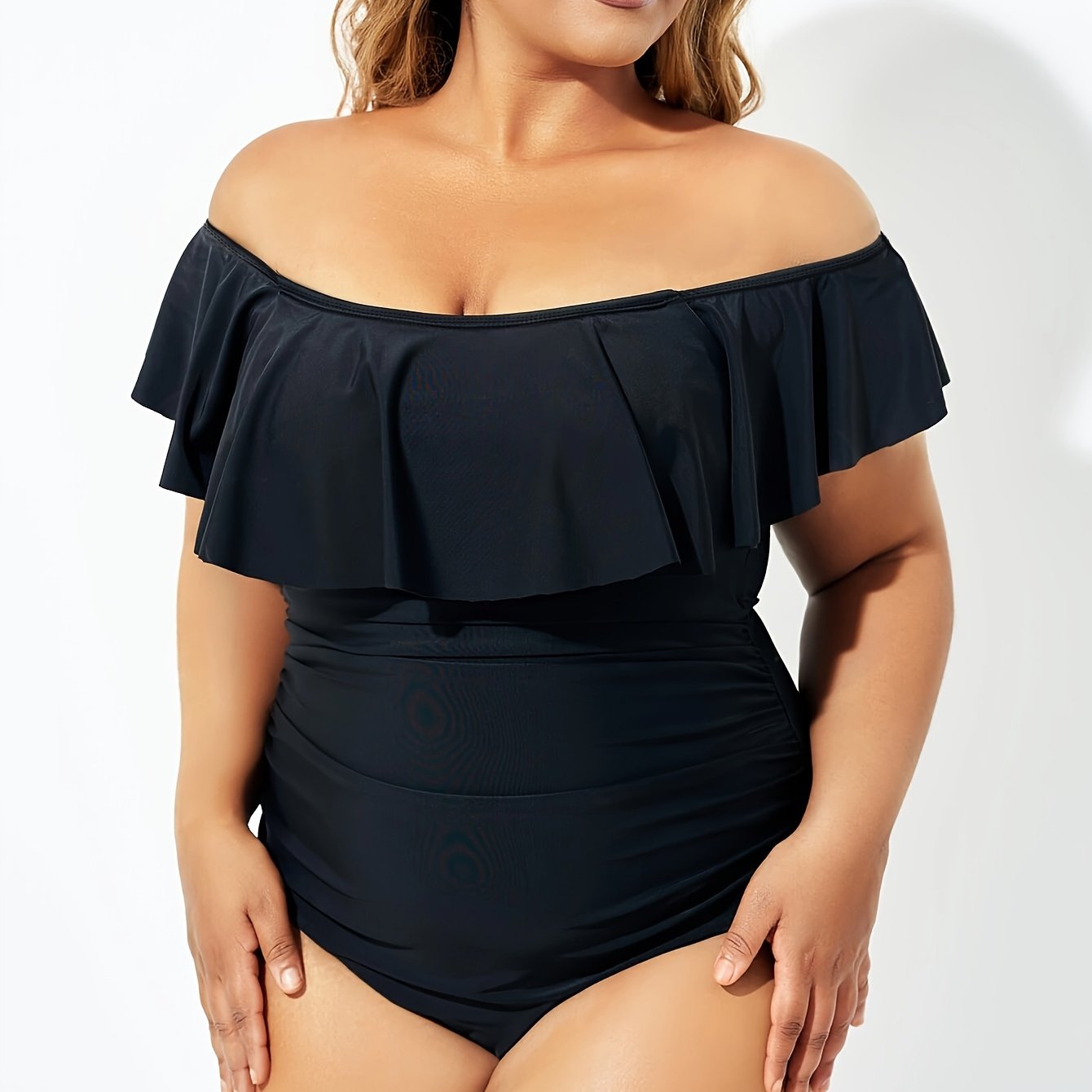  Solid Off Shoulder Lace Up Ruffle One Piece Swimsuit