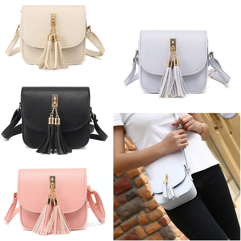 Women Mini Chains Bag Tassel Handbag Flap PU Leather Messenger