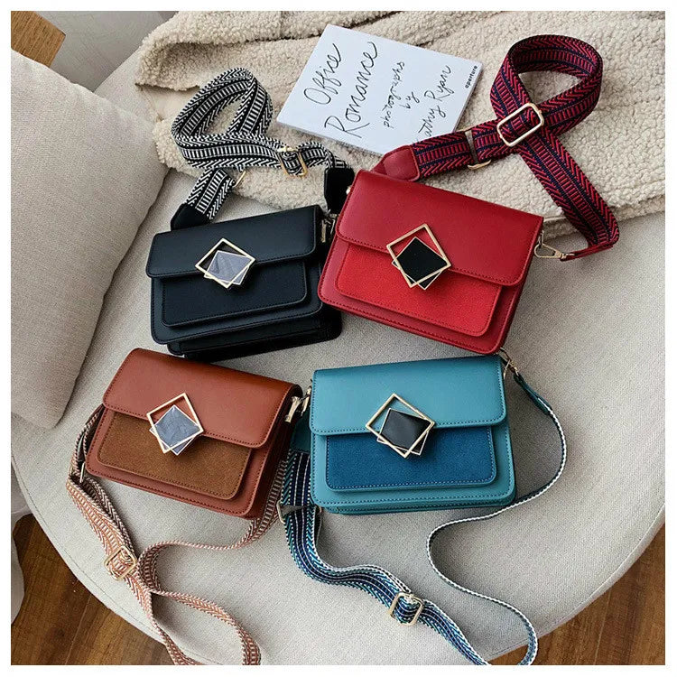 Leather Crossbody Bag with Wide Strap Lock Handbag