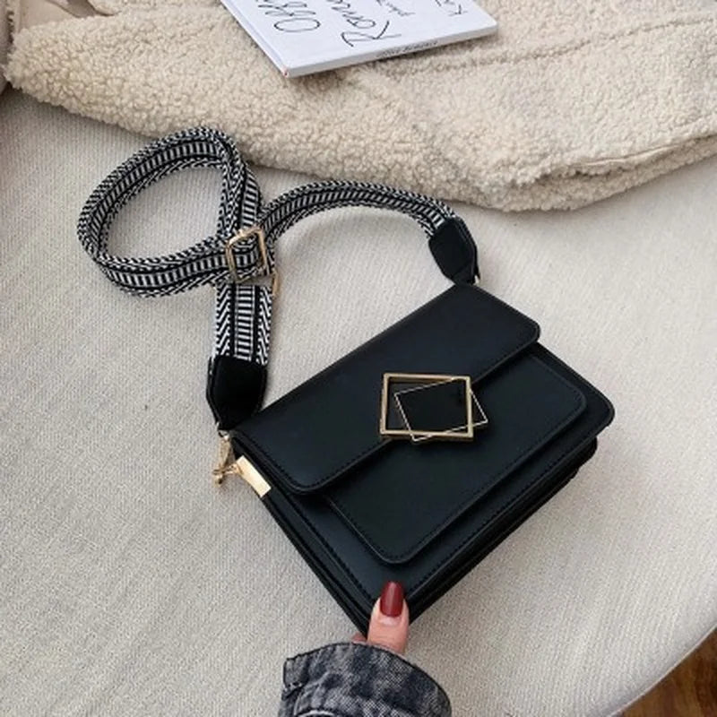 Leather Crossbody Bag with Wide Strap Lock Handbag