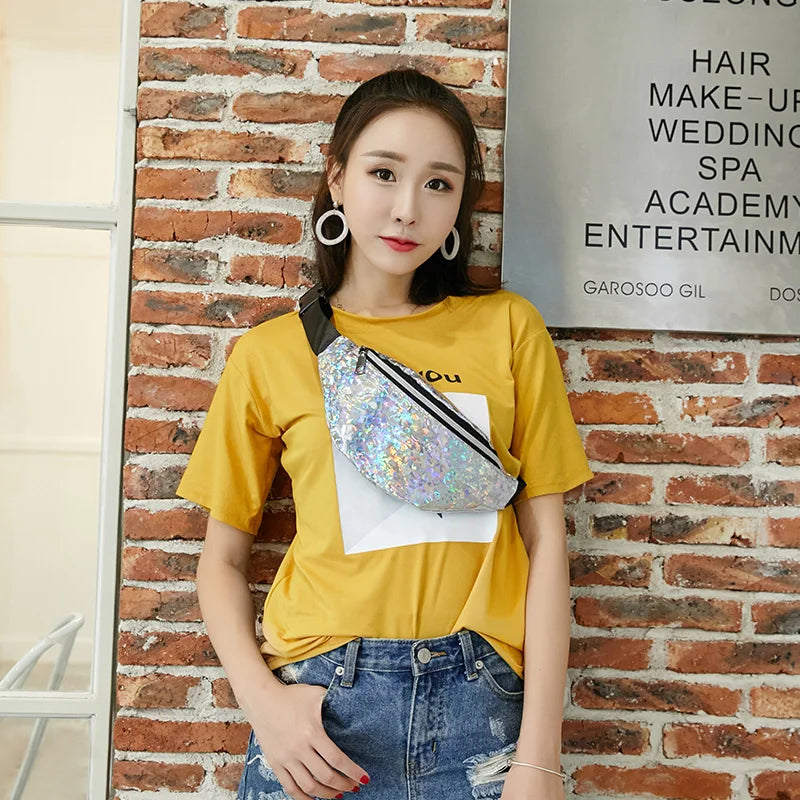 Women Candy Fanny Pack Geometric Waist Packs Laser Chest Phone Pouch Mini Bags