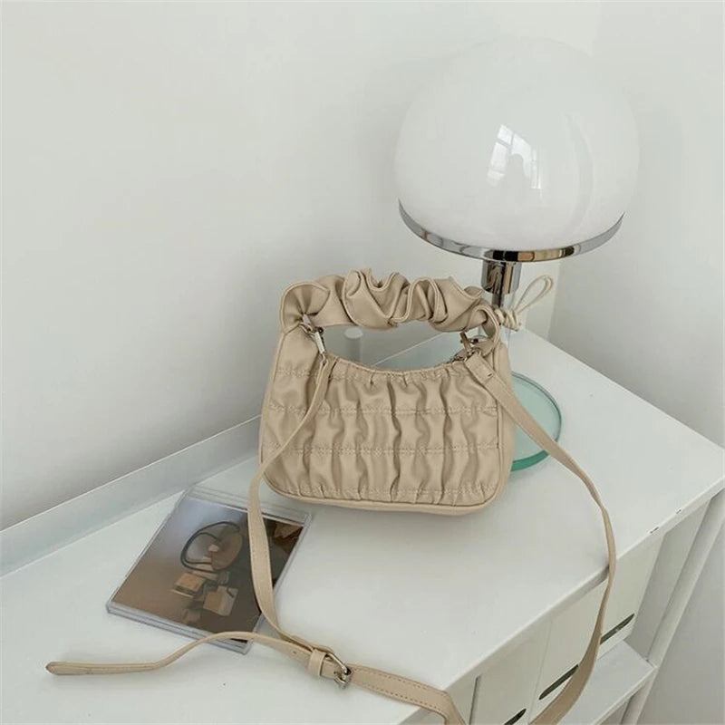 Soft PU Leather Pleated Tote Bag Solid Folds Handle Small Handbag