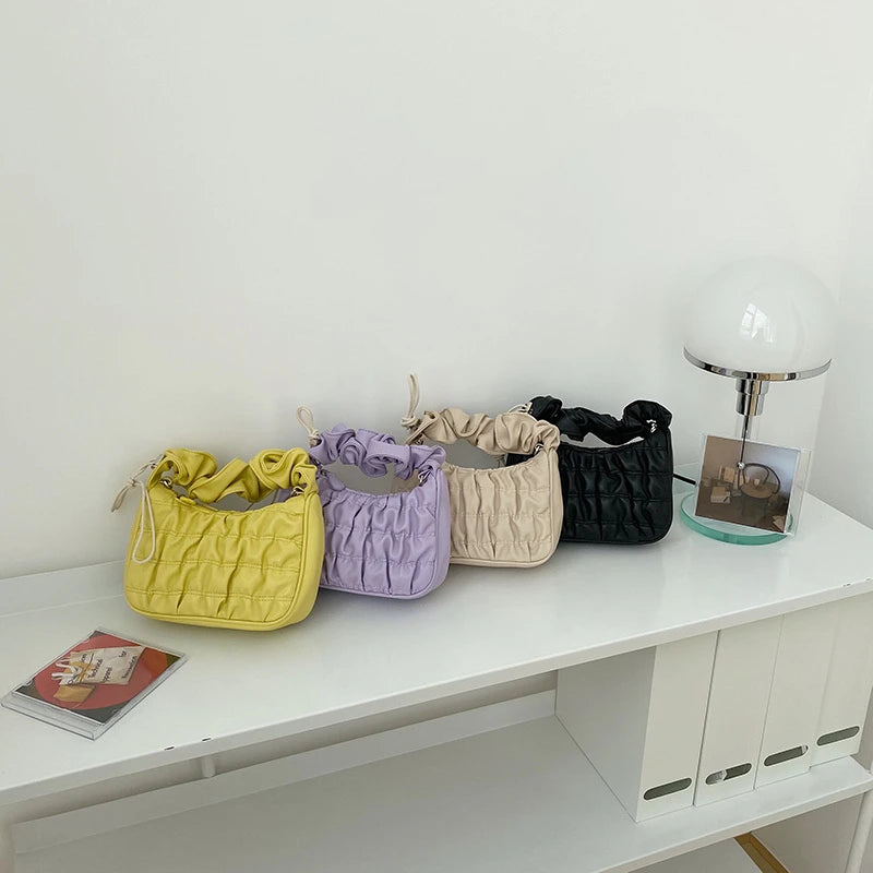 Soft PU Leather Pleated Tote Bag Solid Folds Handle Small Handbag