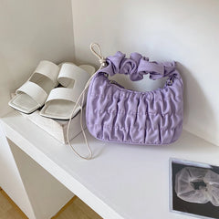 Soft PU Leather Pleated Tote Bag Solid Folds Handle Small Handbag