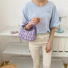 Soft PU Leather Pleated Tote Bag Solid Folds Handle Small Handbag