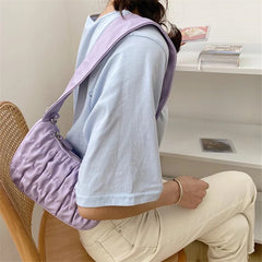 Soft PU Leather Pleated Tote Bag Solid Folds Handle Small Handbag