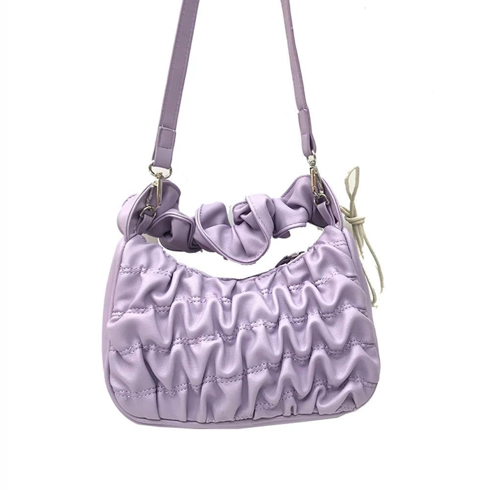 Soft PU Leather Pleated Tote Bag Solid Folds Handle Small Handbag
