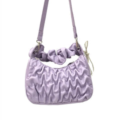 Soft PU Leather Pleated Tote Bag Solid Folds Handle Small Handbag
