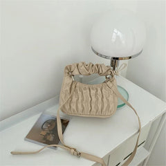 Soft PU Leather Pleated Tote Bag Solid Folds Handle Small Handbag
