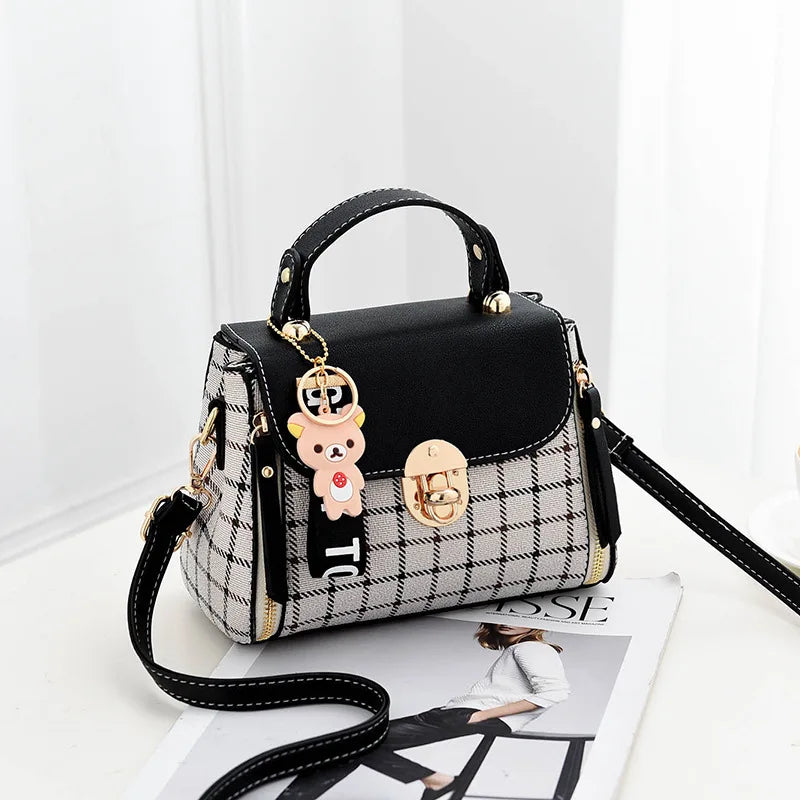 Grid Female Shoulder Bag Cartoon Decor PU Tote Plaid Girls' Gift