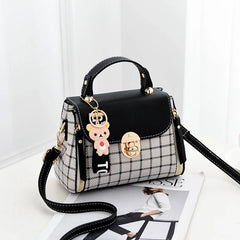 Grid Female Shoulder Bag Cartoon Decor PU Tote Plaid Girls' Gift