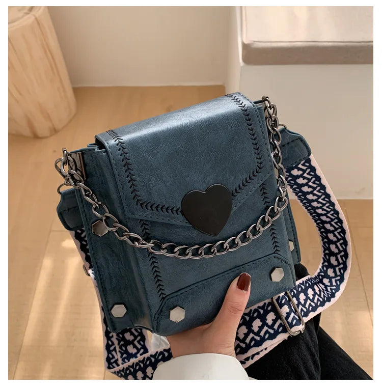 Heart Crossbody Chain Satchel Purse Wide Shoulder Bag for Women