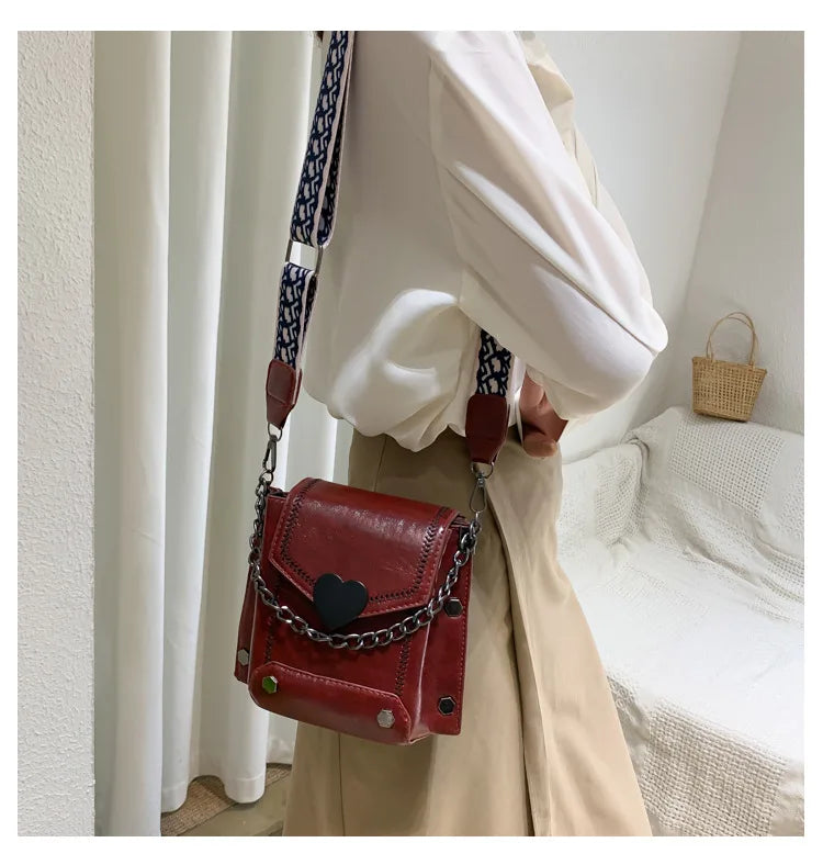 Heart Crossbody Chain Satchel Purse Wide Shoulder Bag for Women